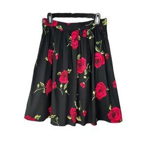 Retro Black and Pink Rose Print Full Swing Skirt Size S